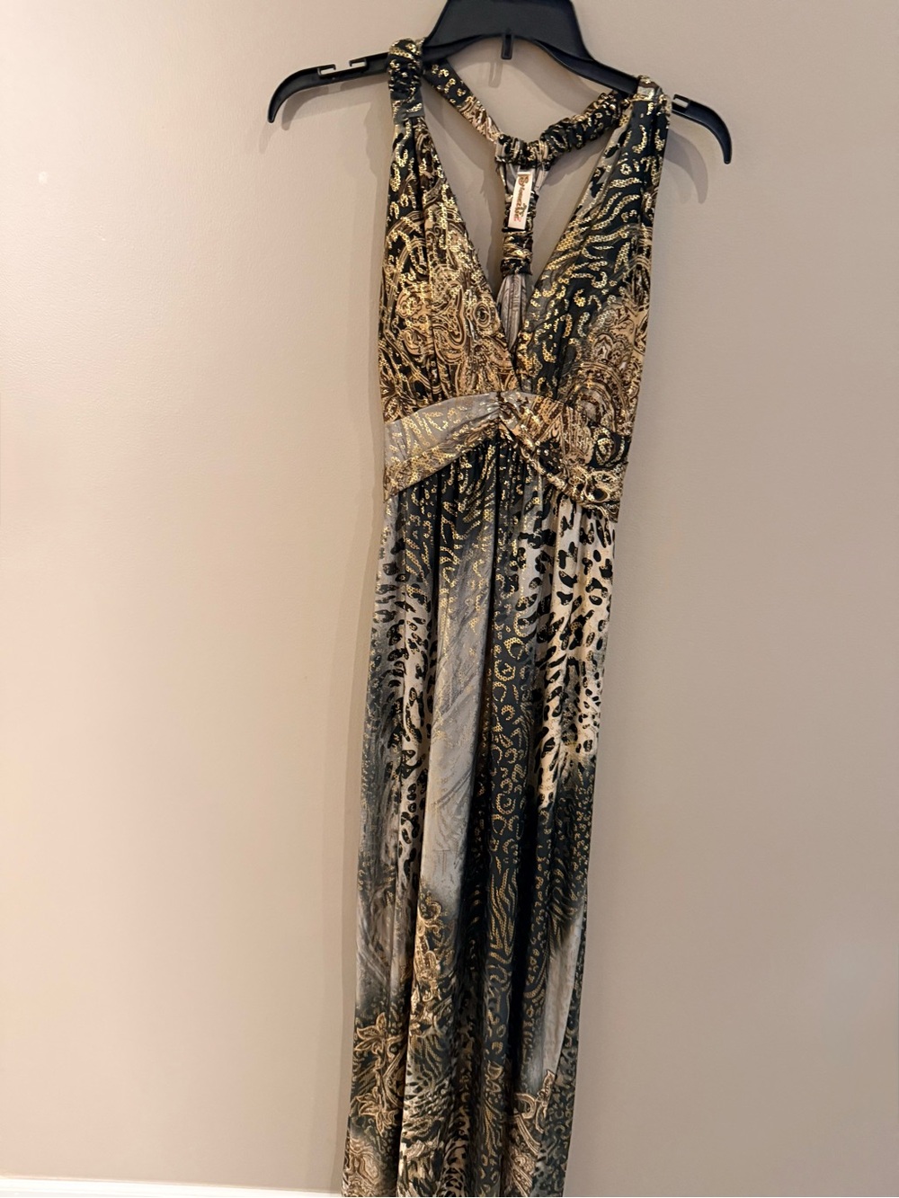 Shoreline Black and Gold Patterned Halter Maxi Dress